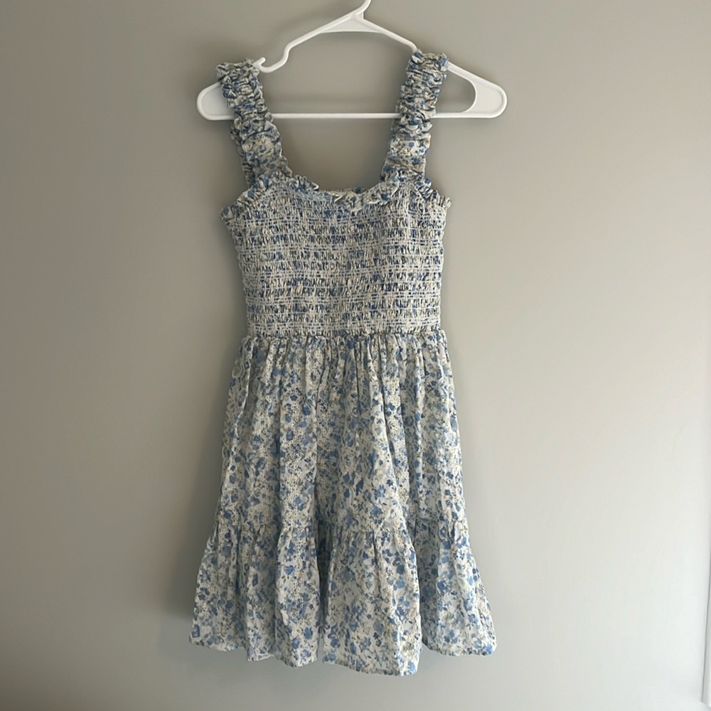 NEW Aqua Smocked Stretch Tiered Ruffle Pullover Mini Floral Print Dress XS